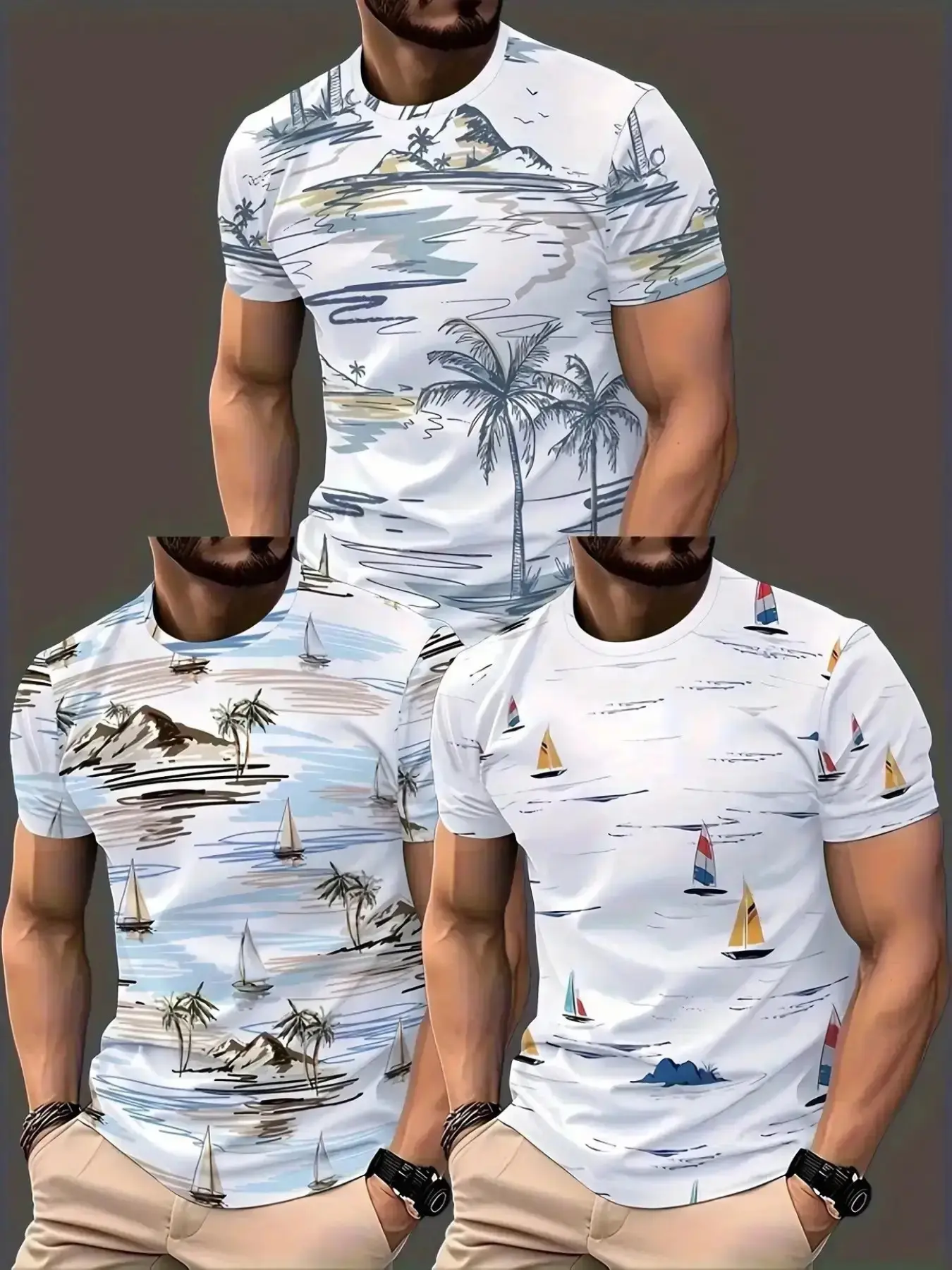 Men's Tropical Beach Print Short Sleeve Set, Nautical Palm Tree Sailboat Surfboard Pattern, Breathable Round Neck Casual Summer Clothing