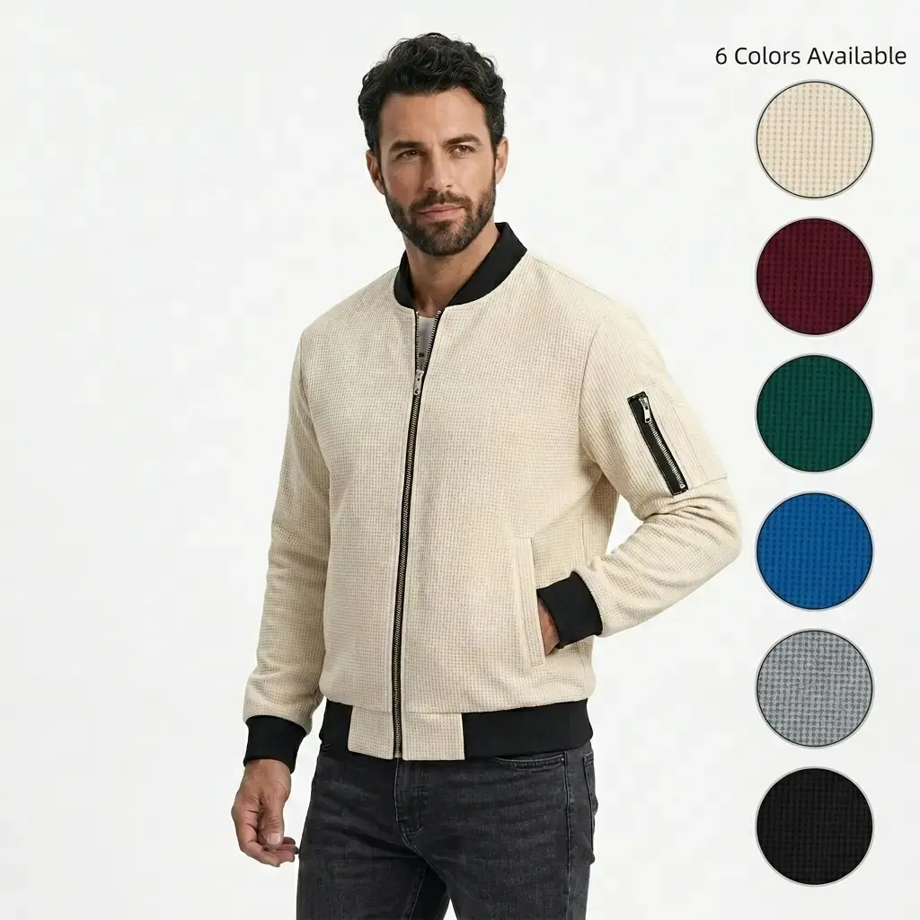 Men's Full-Zip Waffle Knit Bomber Jacket - Stand Collar, Side Pockets, Lightweight Plain Long-Sleeve Casual Outerwear Tops for Spring, Fall Daily Outings, Warm Fashion Menswear