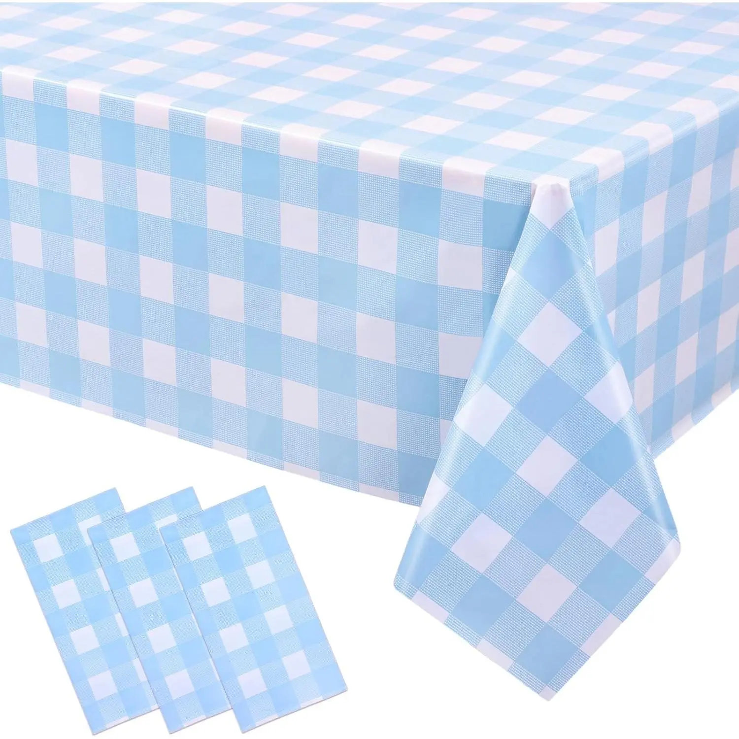 3 Packs Sky Blue Checkered Tablecloth 54 x 108 Inch Disposable Gingham Tablecloth Rectangular   Plastic Table Cover for Birthday Party Picnic