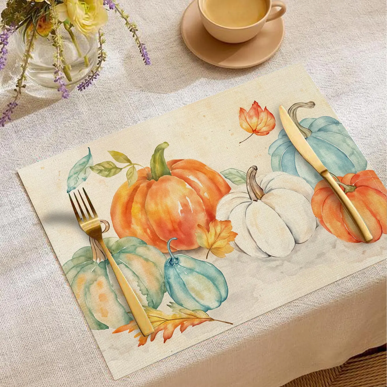 Autumn Thanksgiving Harvest Festival Colorful Pumpkin Print Table Placemats, Heat Resistant, Minimalist Style, Ideal for Festive Dinners and Daily Use