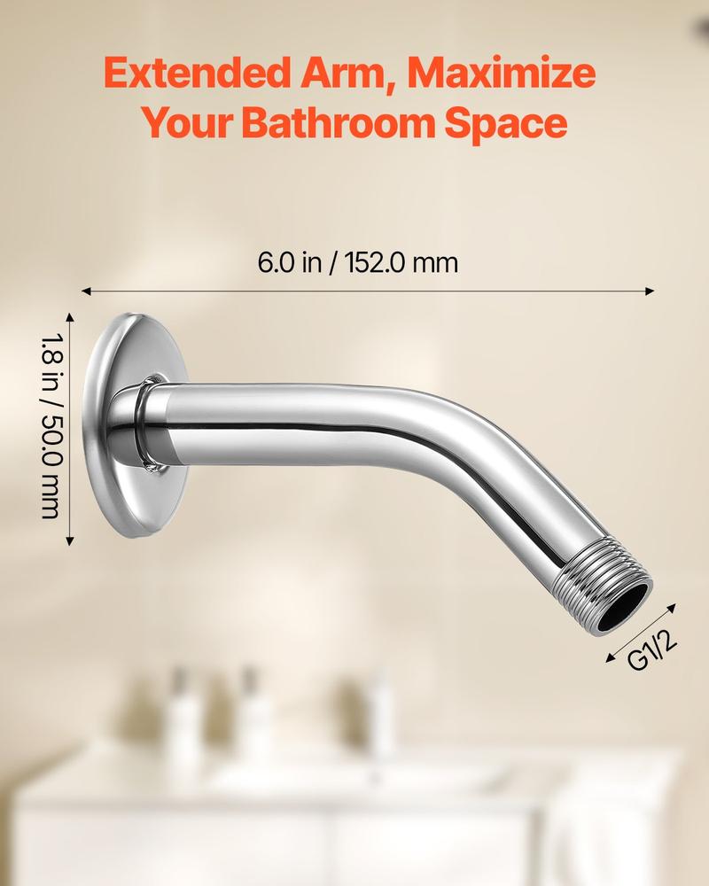 VEVOR Shower Arm with Flange, 6 Inches, Wall Mounted Stainless Steel Shower Head Arm Extender, Chrome Finish, PTFE Tape, G1/2 Universal Thread Connector Compatible, for Fixed & Handheld Showerhead