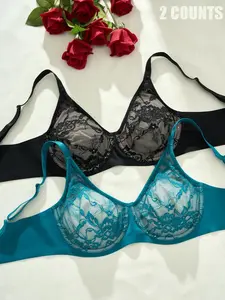 Women's Sheer Lace Underwire Bra, Full Coverage Floral Mesh Lingerie, Plus Size Adjustable Straps, Casual Everyday All-Season Wear