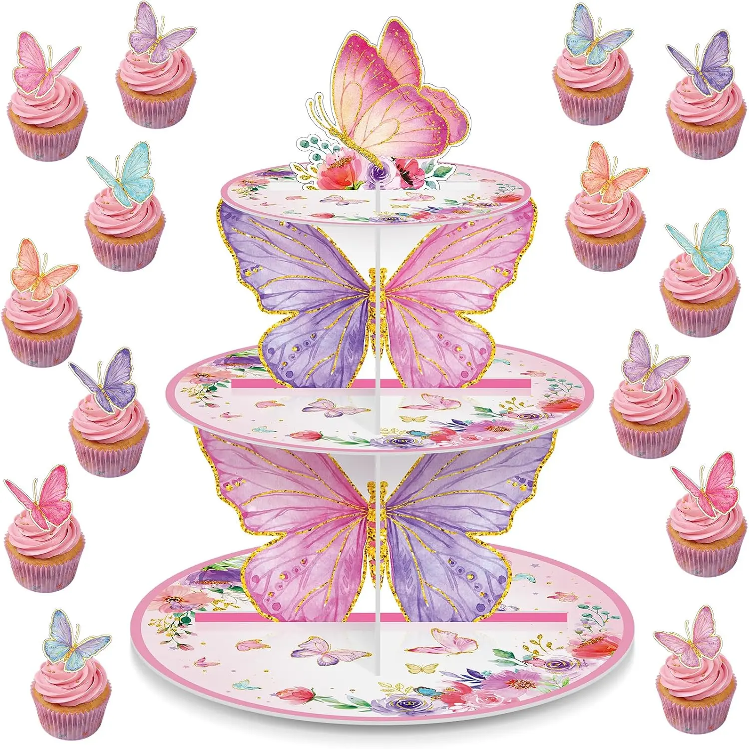 3 Tier Butterfly Cupcake Stand Party Decorations with 24 Butterfly Cupcakes Topper   Butterflies Cupcake Holder Spring Dessert Tower for  Shower Wedding Birthday Party Supplies