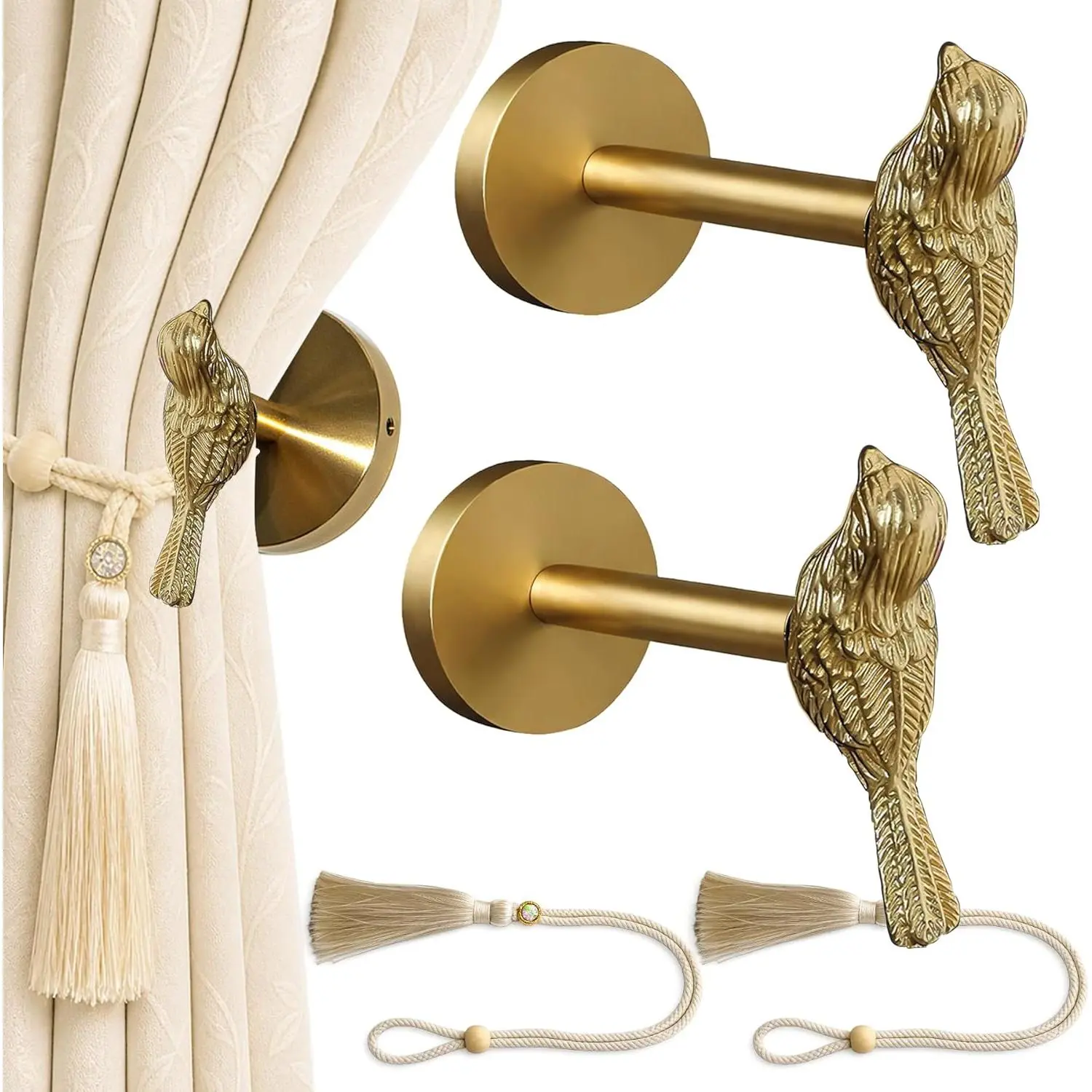 2 Pack Bird Curtain Holdbacks, Solid Brass Heavy Duty Vintage Animal Curtain Holders, Wall Mounted Drapery Hooks for Window Home Decor, Includes 2 Pcs Curtain Ties