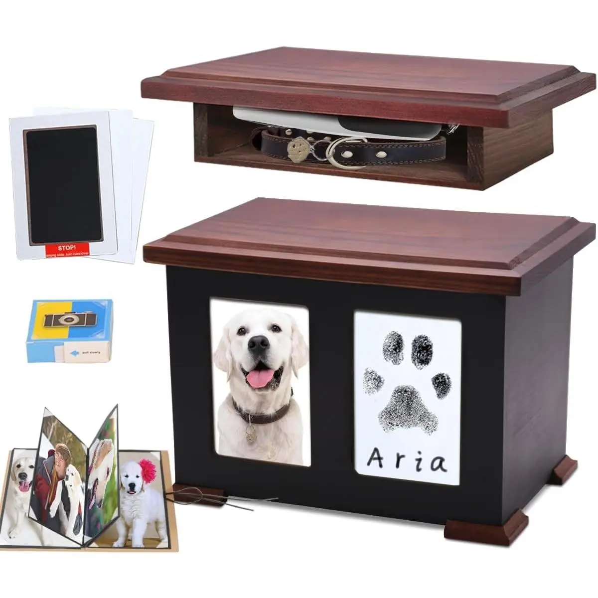Dog Urn for Ashes,Pet Urns Up to 150 lbs, Wooden Memorial Ashes Urn with Paw Print Ink Kit&Photo Album,Cat Urn for Ashes,Pet Cremation Box Keepsake