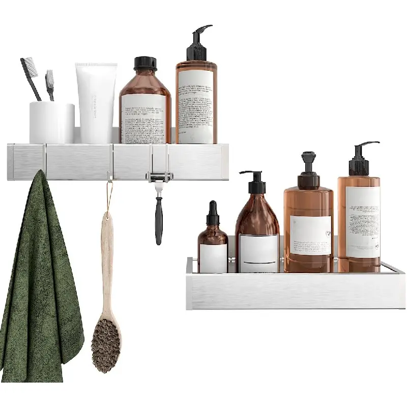Bathroom Adhesive Shower Caddy Basket Shelf with Hooks, No Drilling Removable Bathroom Shelf Organizer,Stainless Steel Rustproof Shower Rack for Shampoo Storage, Sponge Holder-Silver