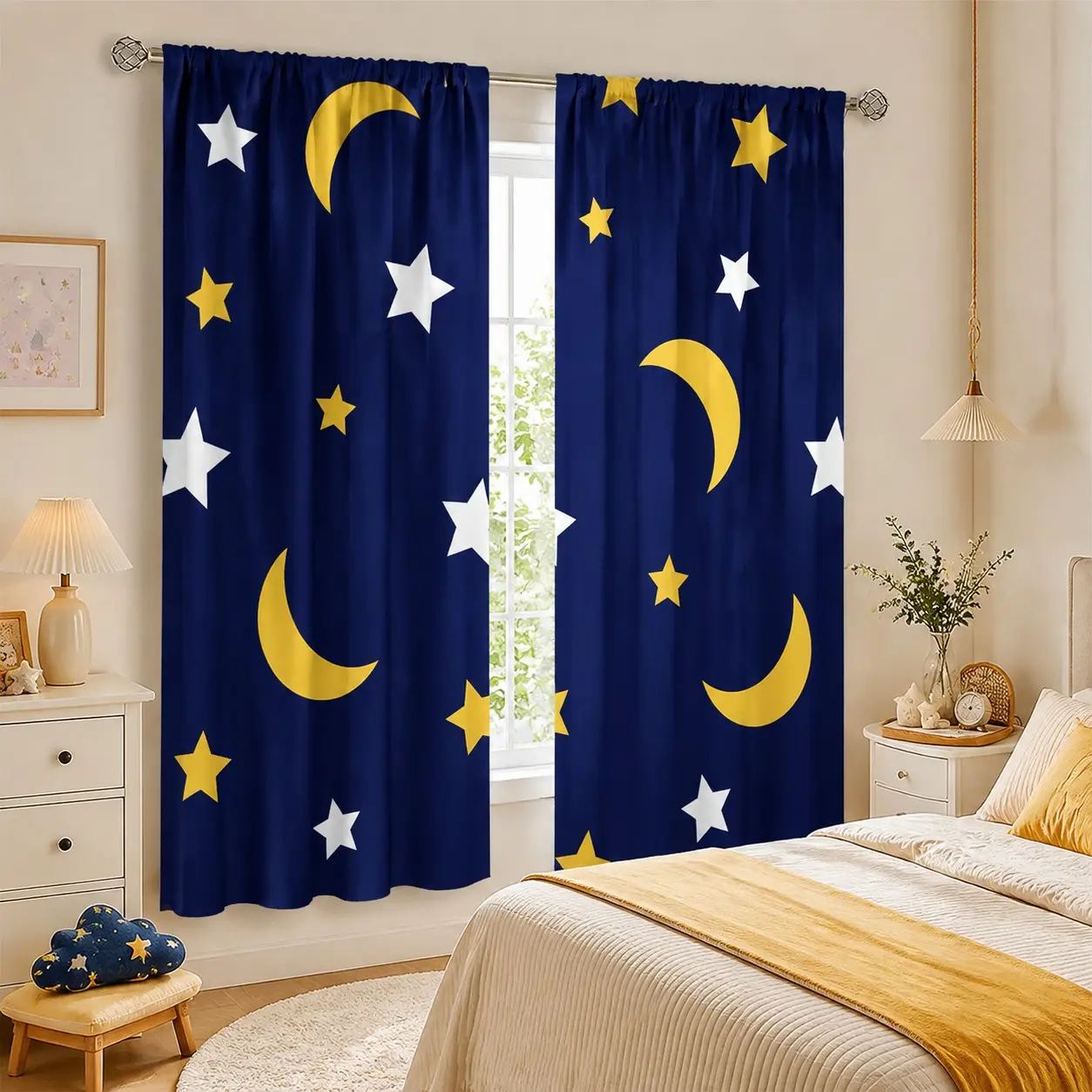 2-Pack Navy Star Moon Curtains, Crescent & Dual Color Stars, Night Sky Theme, Ideal for Kids' Rooms, Calming Sleep Space
