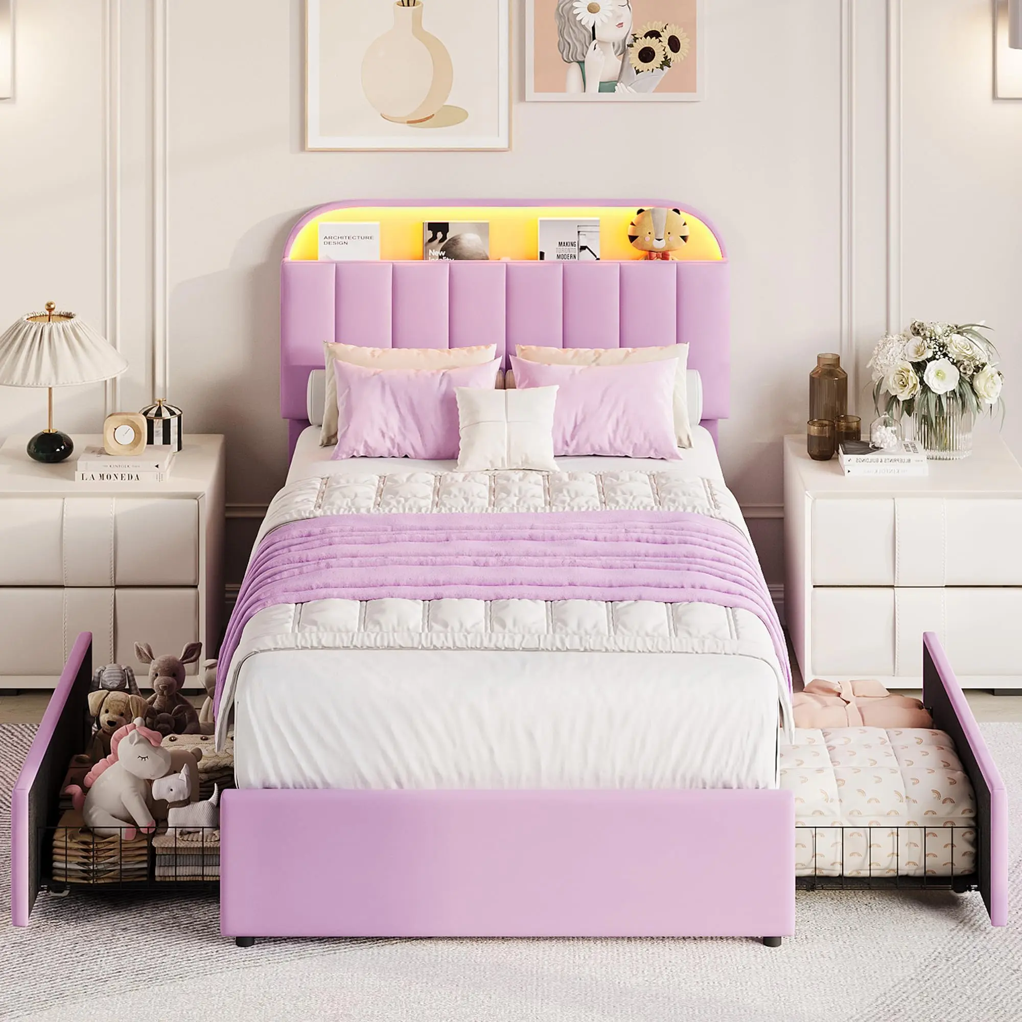 Twin XL / Twin Size Bed Frame with 2 Flexible Drawers – Upholstered Platform Bed with Bookcase Headboard & LED Lights, Kids Bed for Girls, Easy Assembly, Noise-Free
