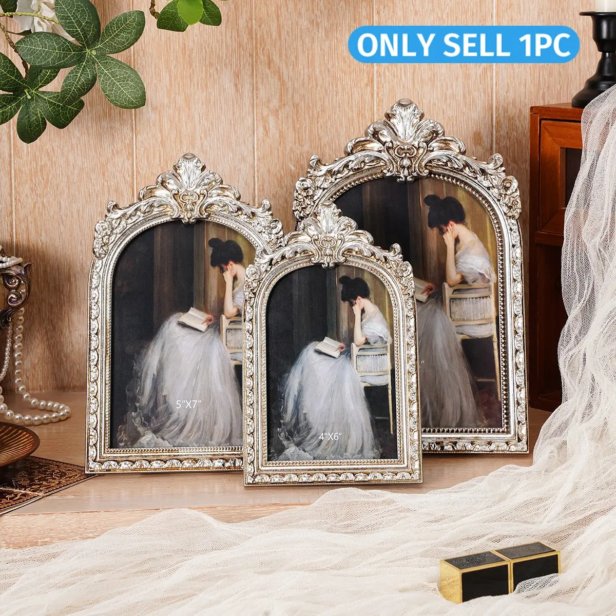Silver Color Embossed Arch Frame, French Luxury Resin Photo Frame, Romantic Decorative Frame for Living Room, Bedroom, Office, Wedding Gift, Wedding Picture Frame