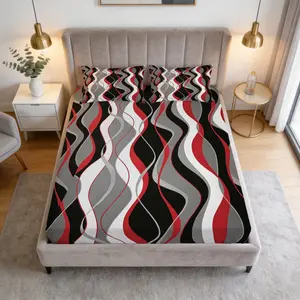 Geometric Wavy Fitted Sheet, Modern Abstract Striped Bedding Accessories (1 Sheet + 2 Pillowcases, No Pillow Core), Fashionable Bedroom Decoration, Suitable For Teenagers, Young Adults, College Students, Dormitory & Master Bedroom Scenes