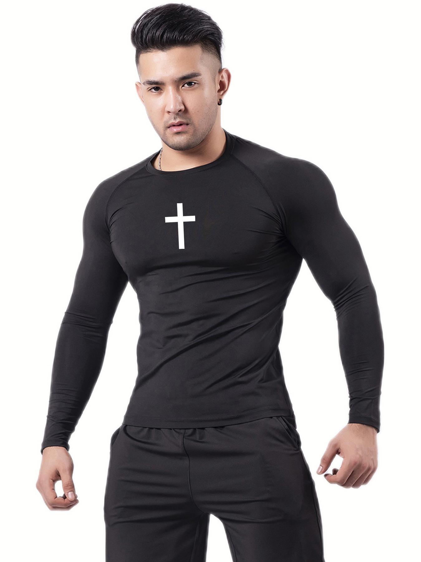 Men's Cross Print Round Neck Sports Tee, Tight Sporty Quick Drying Breathable Long Sleeve T-shirt, Men's Sportswear for Spring & Fall Gym Workout, Athletic Style High Performance Activewear