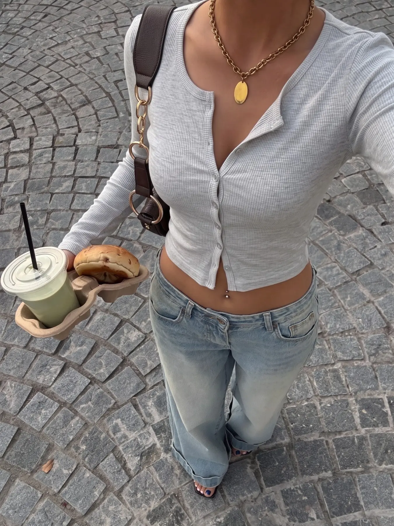Women Minimal Clean Fit Cropped Long Sleeve Top Soft Vertical Ribbed High Stretch Knit Light Heather Grey Henry Collar Full Matching Round Button Half Open Placket Slim Fitted Versatile Layering Blouse For Street Cafe Campus Daily Spring Summer Casual Wea