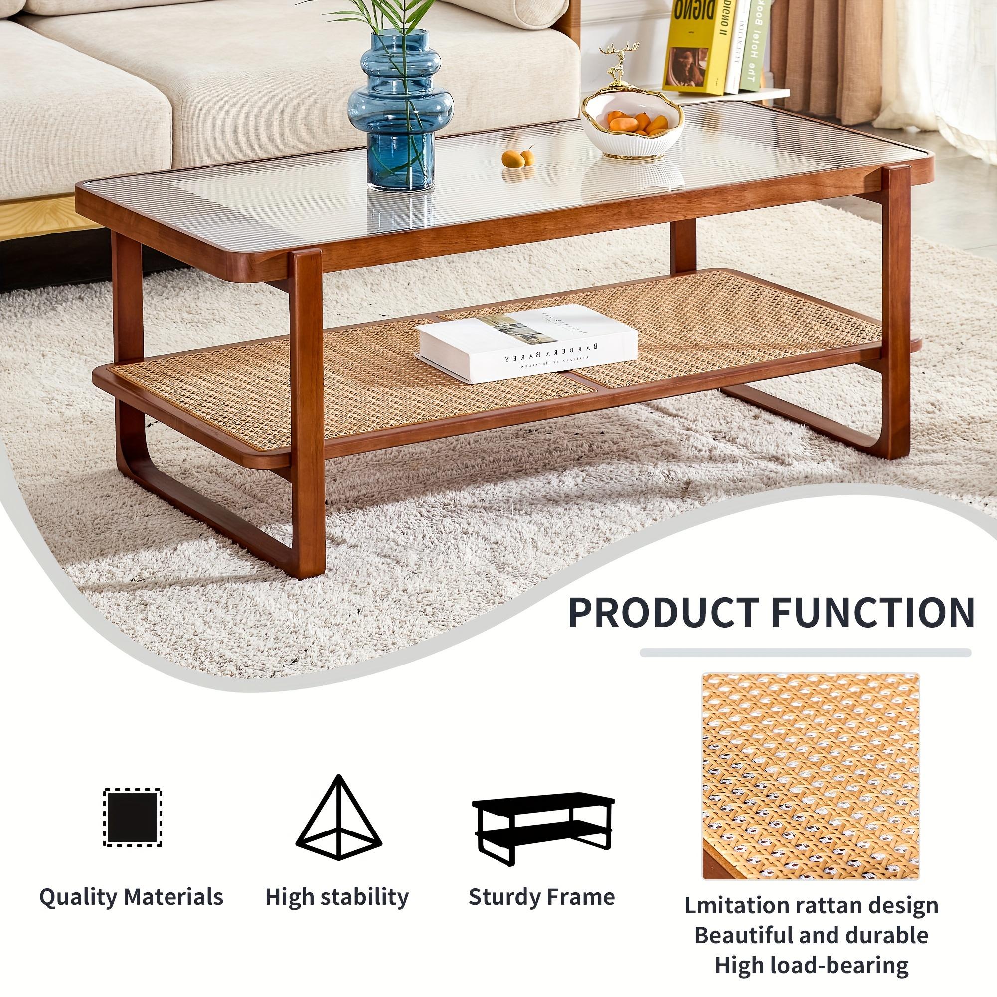 Modern Rectangular Glass Desktop Coffee Table Rattan Woven Edge Coffee Table Living Room