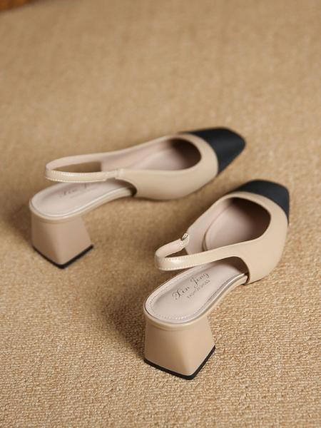 Women's Summer 2024 Colorblock Patchwork High Heel Sandals, Elegant Square Toe Heel Sandals for Party, Daily Clothing Decor, Two Tone Thick-heeled Sandals, Fashionable Slingback Sandals
