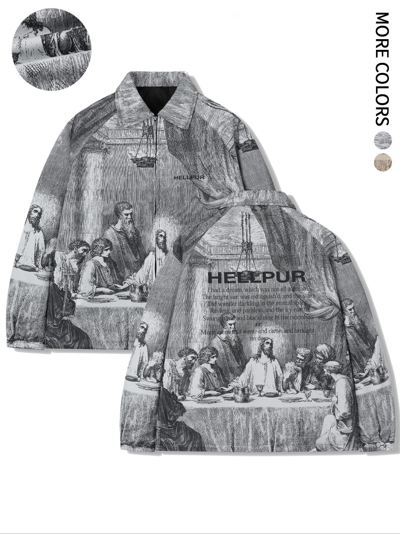 Men's Regular Fit Figure & Letter Print Pocket Zip Up Jacket, Casual Long Sleeve Collar Outerwear for Spring & Fall, Jackets for Men, Winter Clothing Men, Fashion Men's Clothes for Daily Wear Tops, Coat