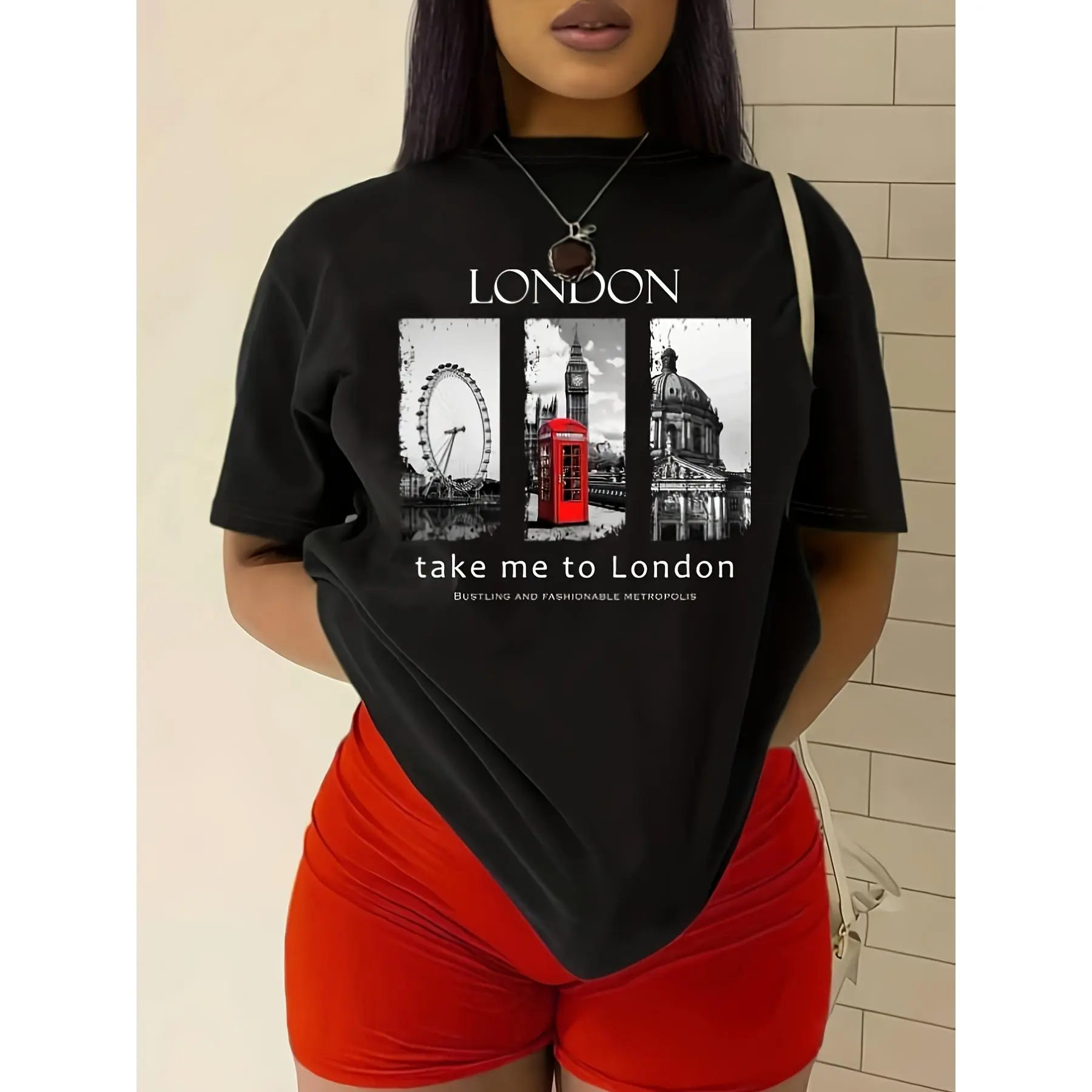 London Print Short Sleeve T-shirt, Casual Crew Neck Top For Spring & Summer, Women's Clothing