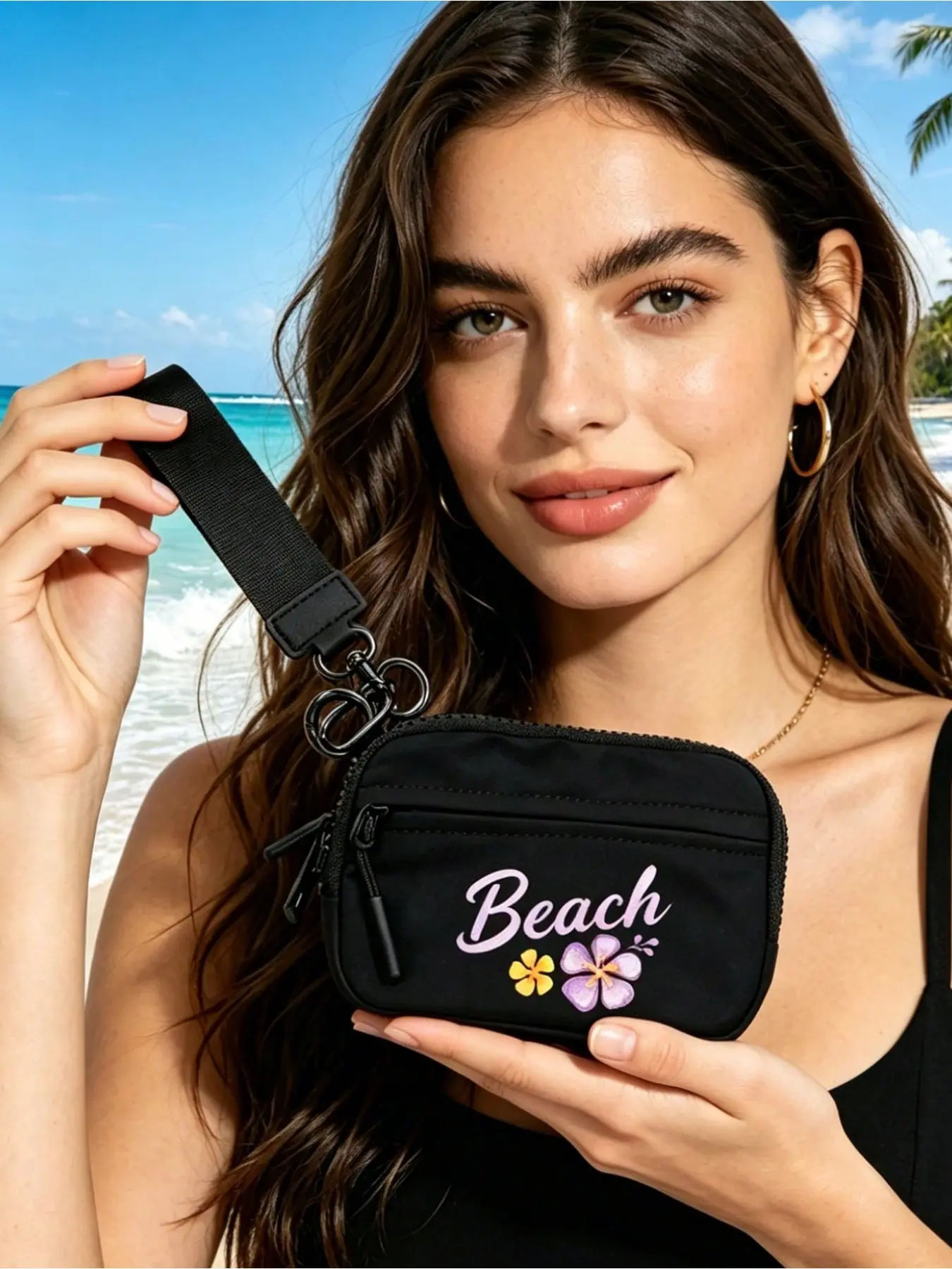 Women's Waterproof Nylon Wallet with Wrist Strap, Beach Pattern, Multi-Function Card Holder, Ideal for Travel, Work, Daily Use, Gift Option