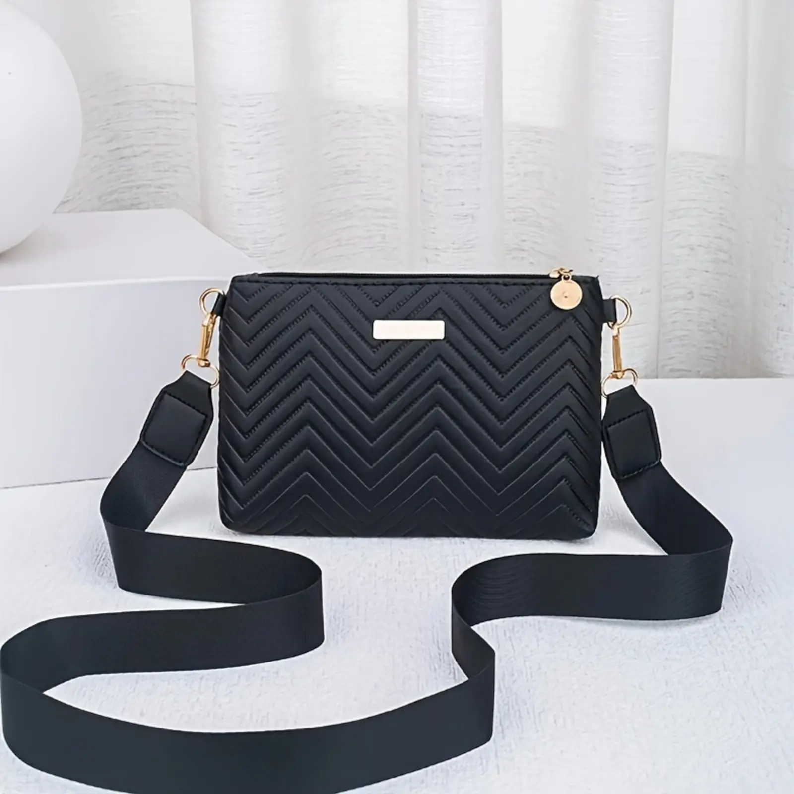 Chevron Quilted Faux Leather Crossbody Clutch, Minimal Rectangle Shoulder Purse with Wide Strap, Lightweight Daily Carry Bag for Work, Crossbody Wear, Lightweight Bag, Minimal Office, Rectangle Shape