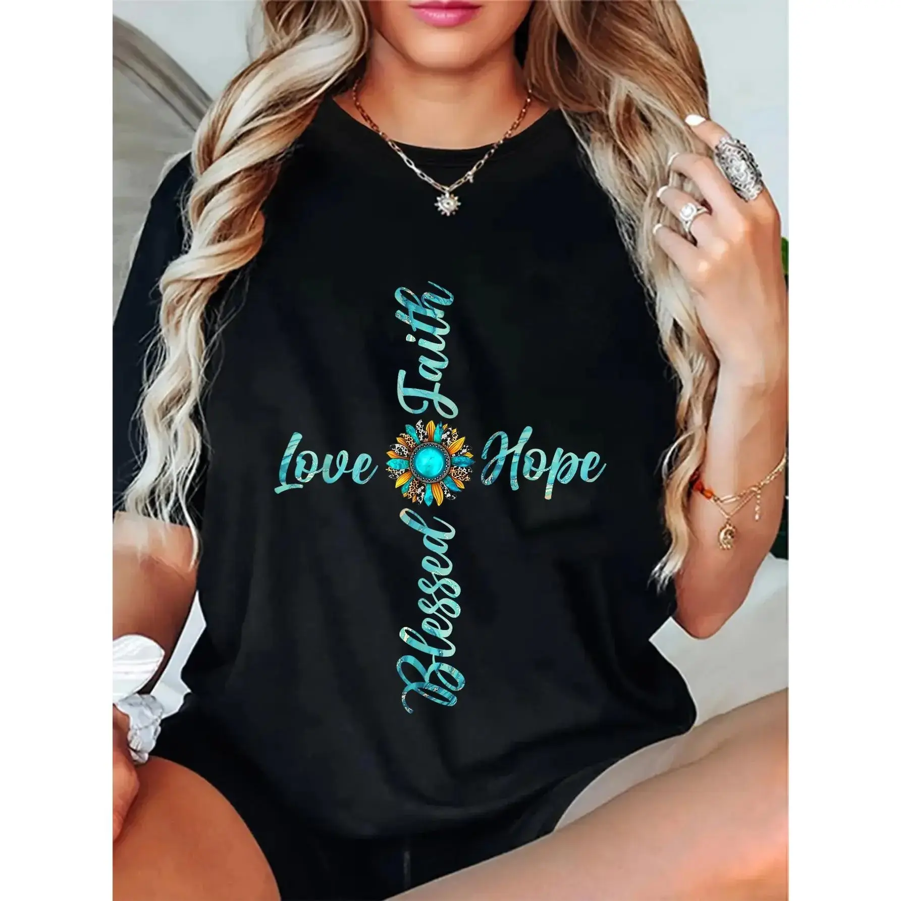 Unisex 100% Cotton Christian Short-Sleeve T-Shirt - Everyday, Solid, Minimalist Fit, Thick, Lightweight Essential Streetwear Top with Jesus, Faith, Hope, Love, Sunflower, Leopard Designs for Men & Women, Round Neck