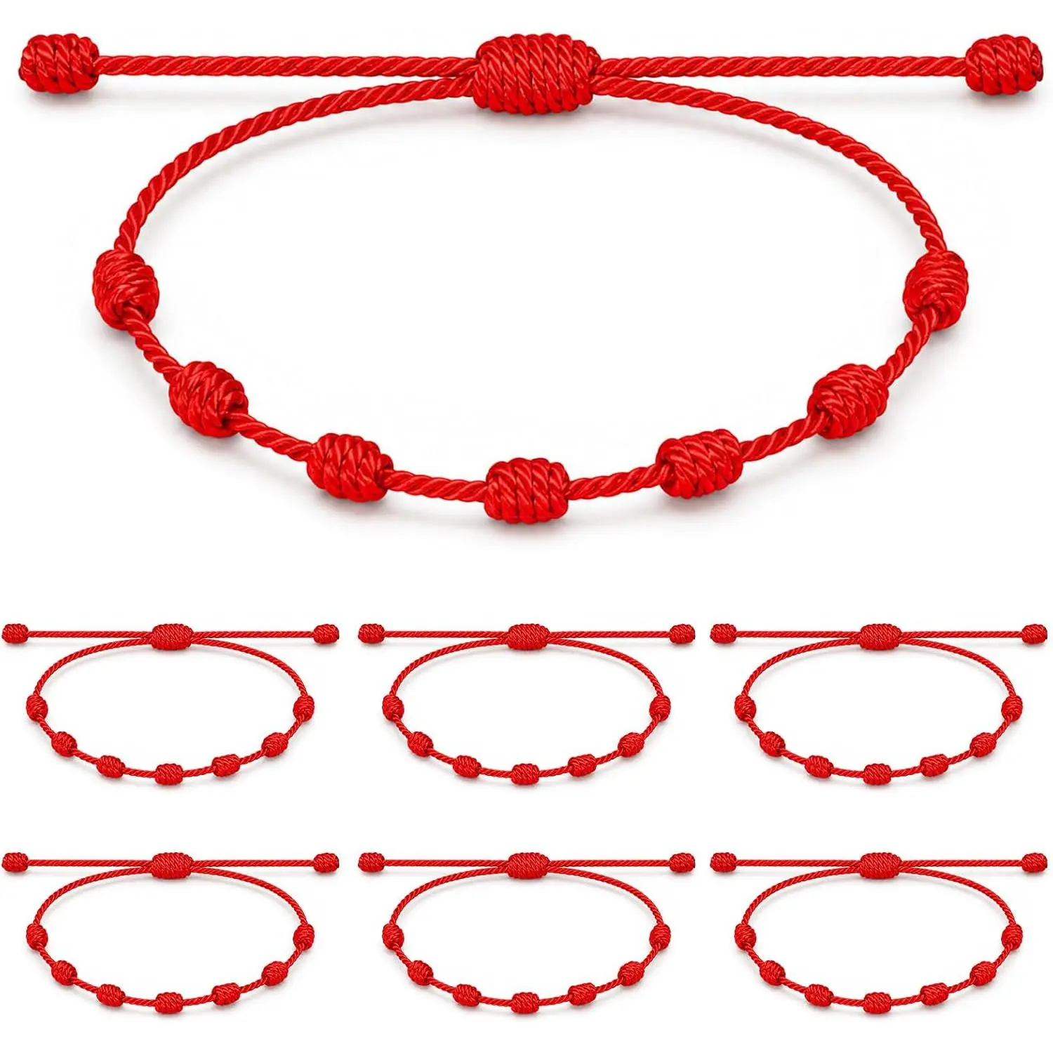 6 count Red String Bracelet Adjustable 7 Knot Red Bracelet for