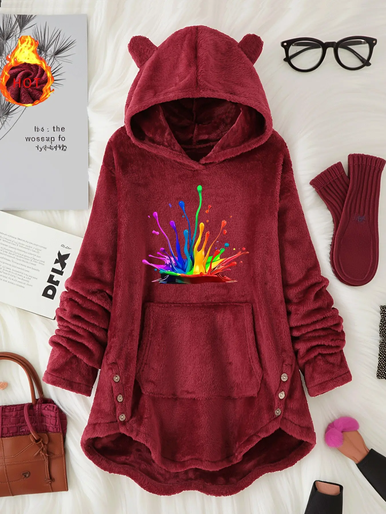 Y2K Fashion Rainbow Spray Print Cat Ear Hoodie Robe, Soft Thick Long Plush Coat for Autumn Winter, Loose Fit Cartoon Pattern Apparel