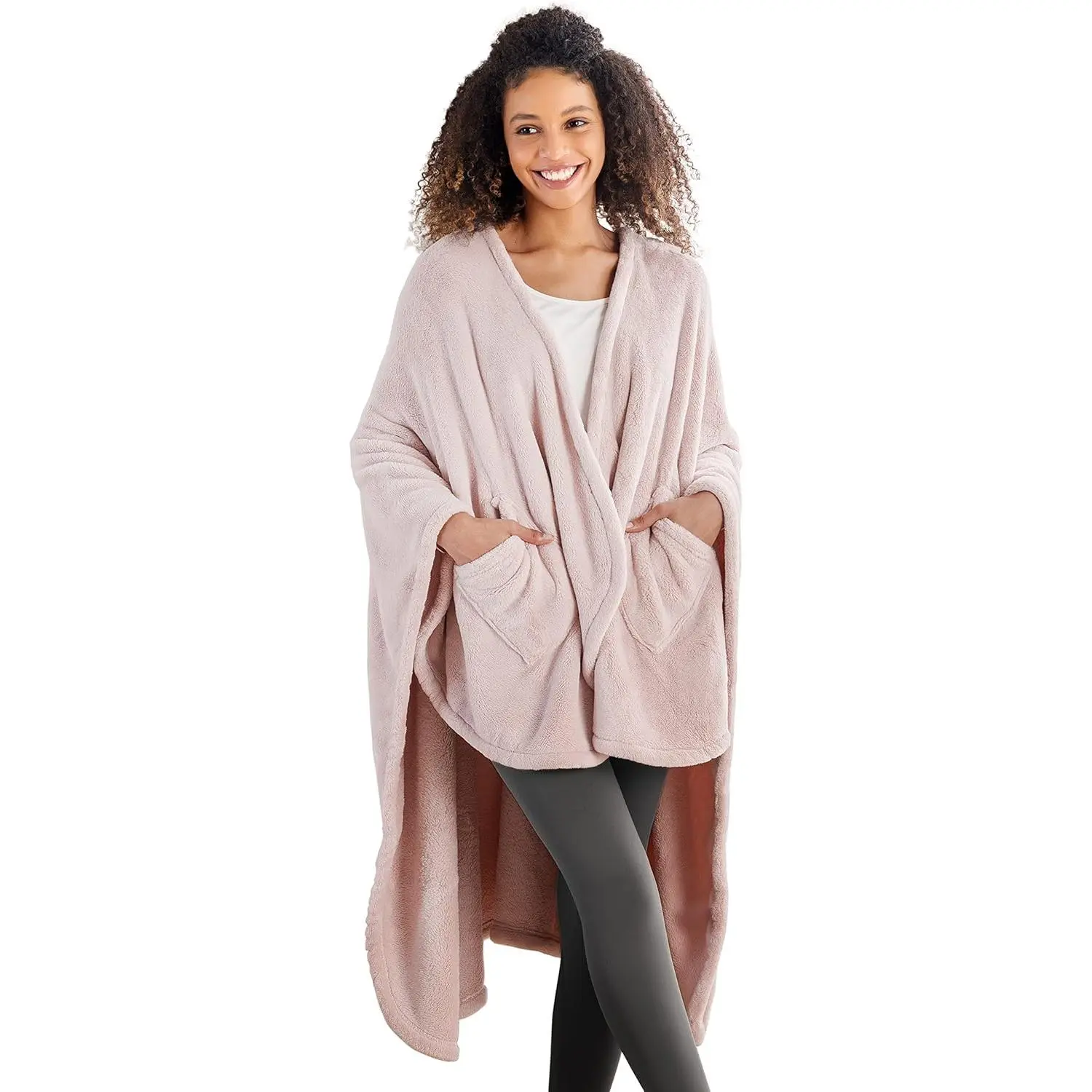 Primalush™ Wearable Blanket, Cozy Loungewear Pocketed Plush Cape Wrap for Adults &Teens(Pink, One Size 58"X64")