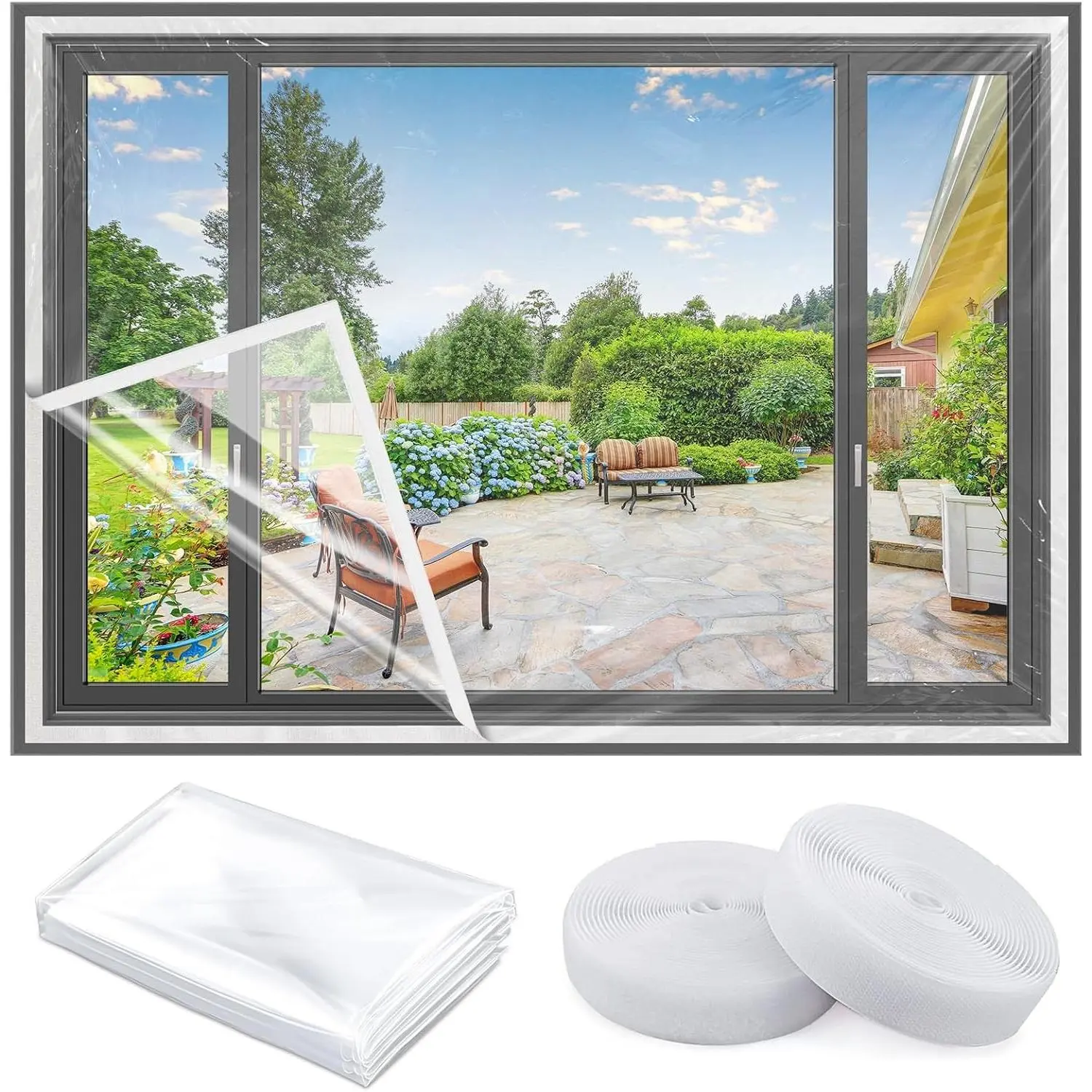 Adjustable Window Insulation Kit for Winter 63x63in Cuttable Transparent Film 180㎛ Thickness with Adhesive Straps Easy to Open for Ventilation Reusable Plastic Window Wrap