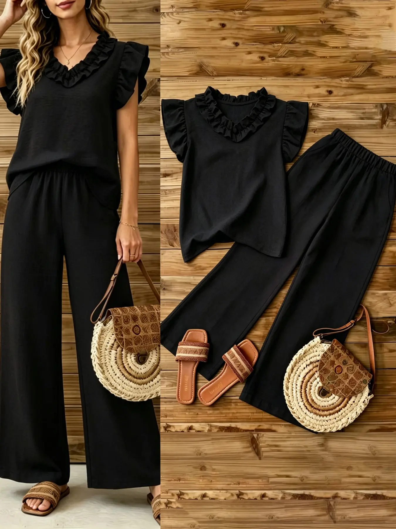 Women's suit: Black ruffled V-neck flutter sleeve textured lightweight loose top and elastic high-waisted trousers; simple, minimalist, elegant, beautiful, and fashionable women's vest and trouser suit for commuting, home, or casual occasions. Clothes