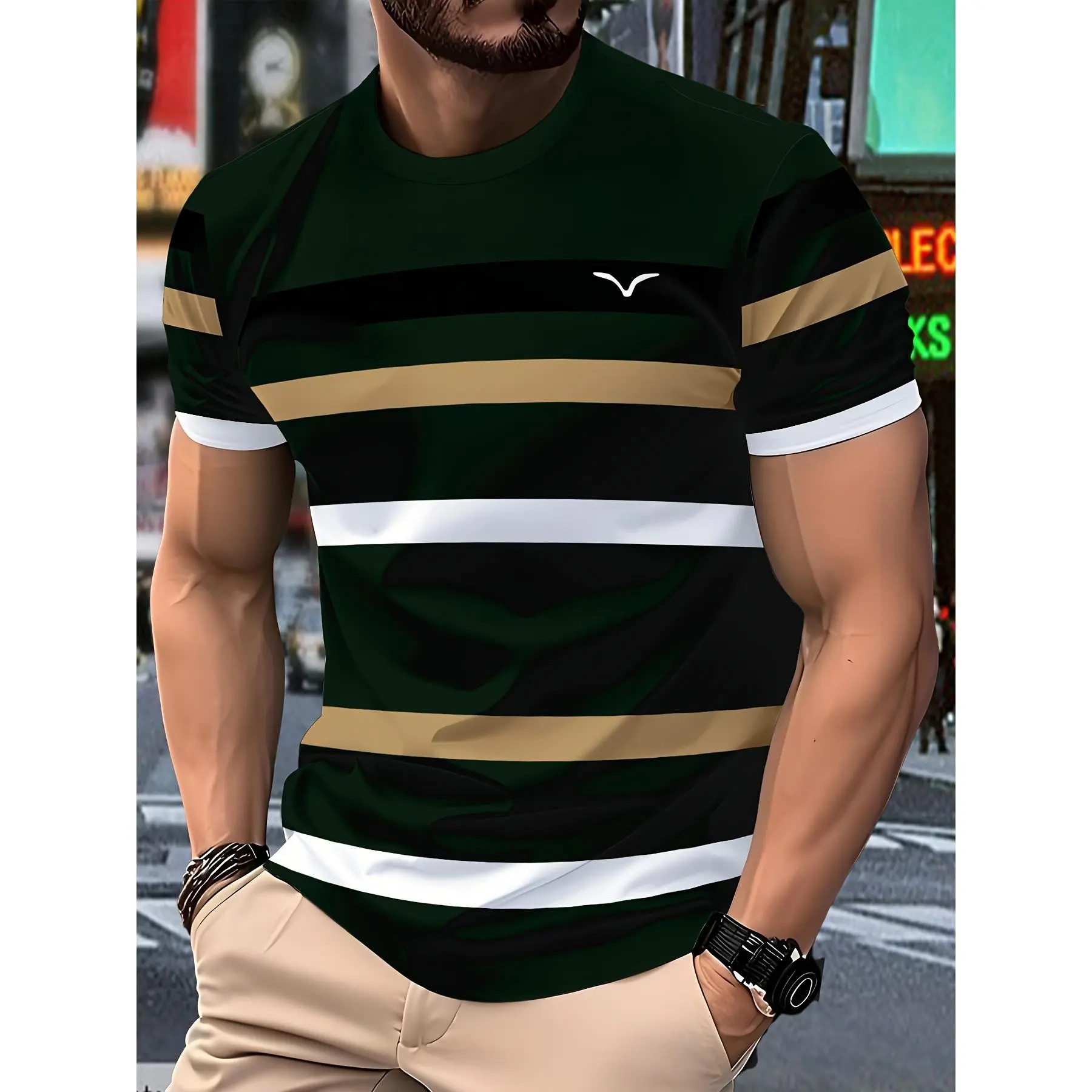 Men's Fashionable Casual T-Shirt - 100% Polyester, Round Neck Short Sleeve, Machine Washable, Comfortable for All Seasons, Suitable for Daily Wear |   Round-neck T-shirt |   Smooth texture fabric