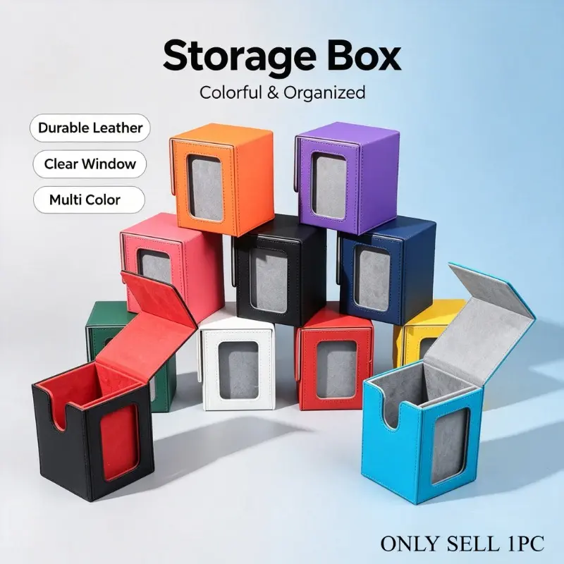Trading card storage box with a viewing window; holds over 100 cards; suitable for TCG/CCG games. Available in various colors.
