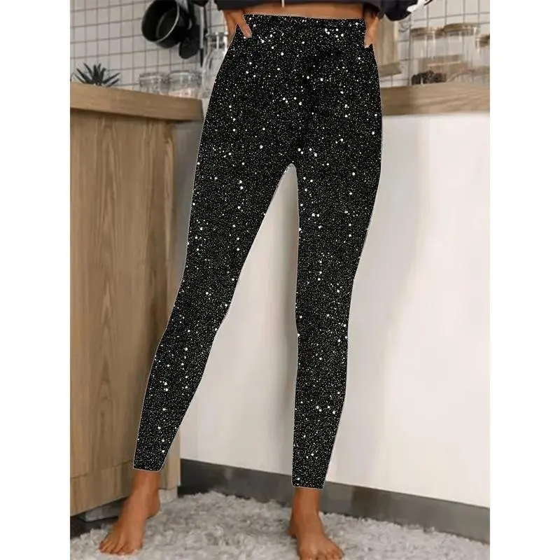 Elegant High-Waist Sequin Leggings for Women Stretchy & Comfortable Polyester Vintage-Inspired Sparkly Casual Pants Perfect for All Seasons
