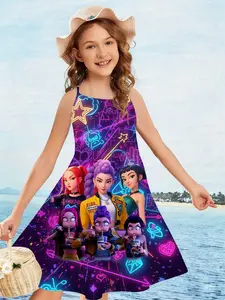 Girls' Cyber Neon Graffiti Q Version Portrait Print Sleeveless A-Line Dress, Trendy Street Style, Loose-Fitting Casual Dress