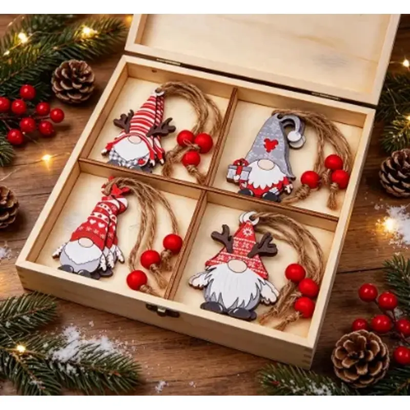 12Pcs New Wooden Christmas Faceless Gnome Ornaments in Wooden Box, Vintage Hanging Dwarf Pendants, Christmas Tree Decorations, Holiday Home & Party Decor, Christmas Small Gifts