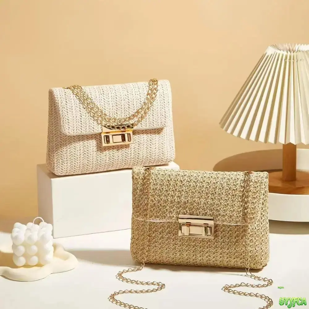Woven Straw Crossbody Bag for Women, Boho Chic Mini Shoulder Purse, Breathable Summer Bag with Turn Lock & Detachable Chain, Boho Chic Outfits, Mini Sized Products, Flap Top