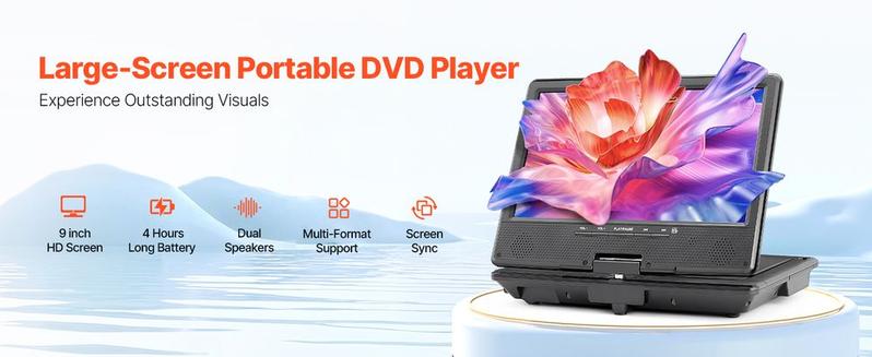 VEVOR Portable DVD Player 9 in HD Swivel Screen 4 Hours-in Battery