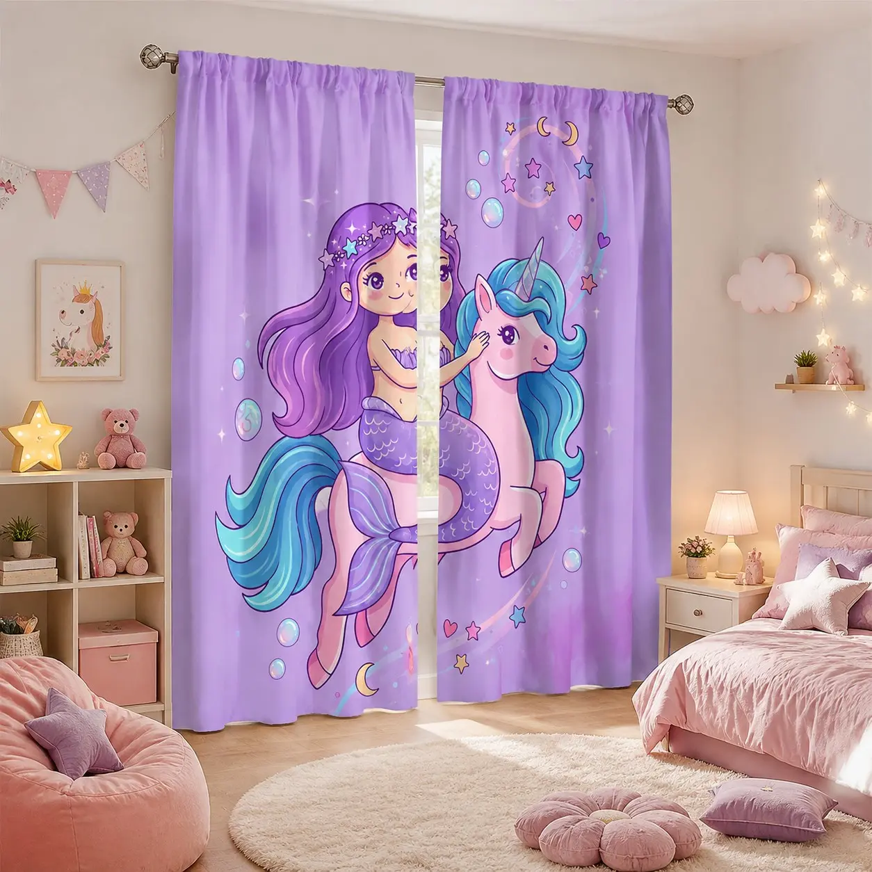 2-Pack Mermaid Unicorn Dream Curtains, Cute Minimalist Style, Soft Semi-Transparent Print Fabric, Ideal for Girls' Bedrooms, Princess Room Decor