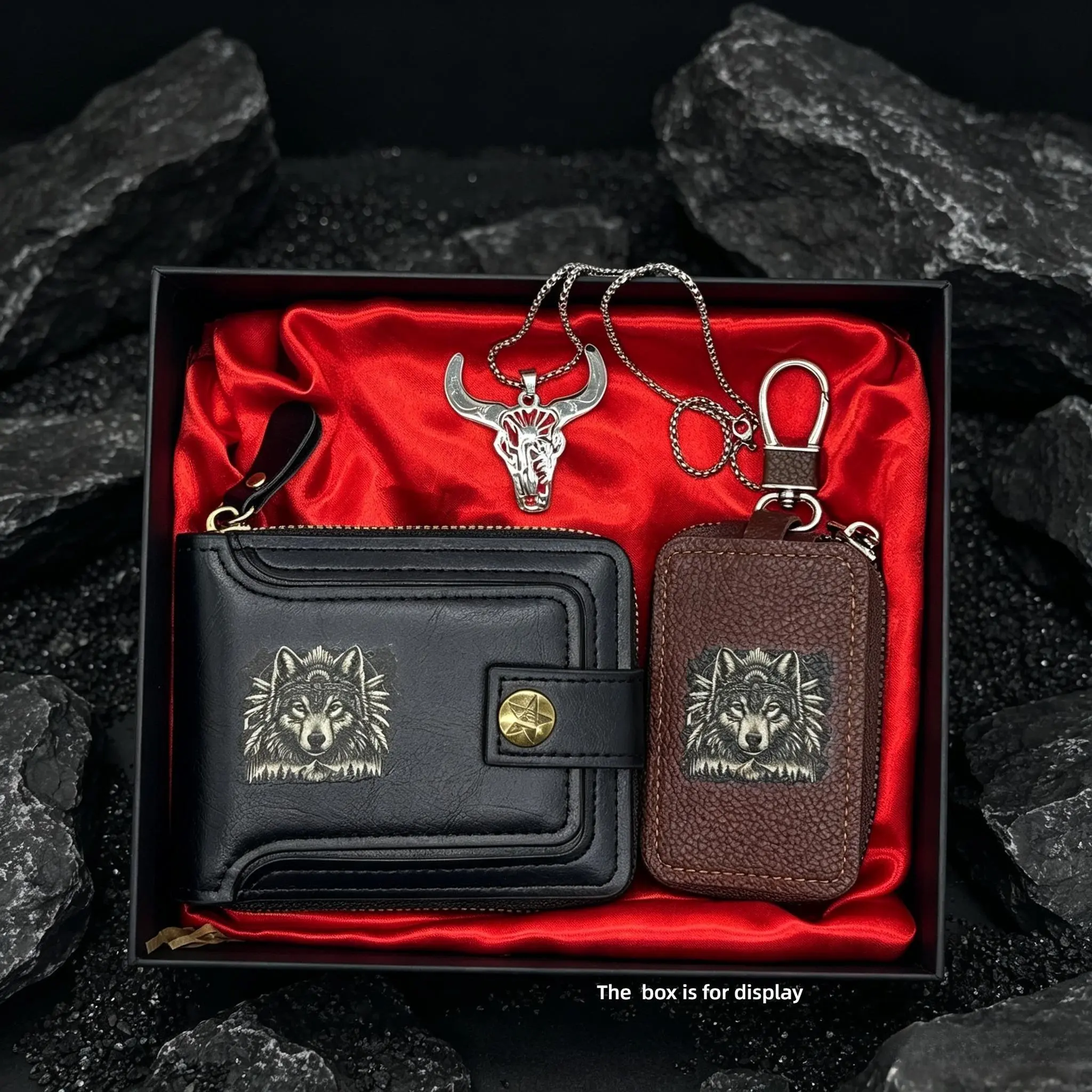 Vintage Wolf Pattern Men Leather Gift Set, Zipper Wallet + Key Case + Bull Skull Pendant Necklace, Western Cowboy Accessories Boxed Present for Men father day