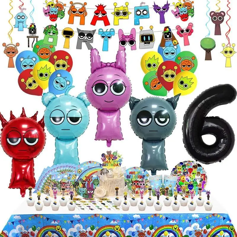 Sprunki Birthday Party Decoration Incredibox Latex Aluminum Foil Balloon For Kids Event Supplies Banner Disposable Tableware