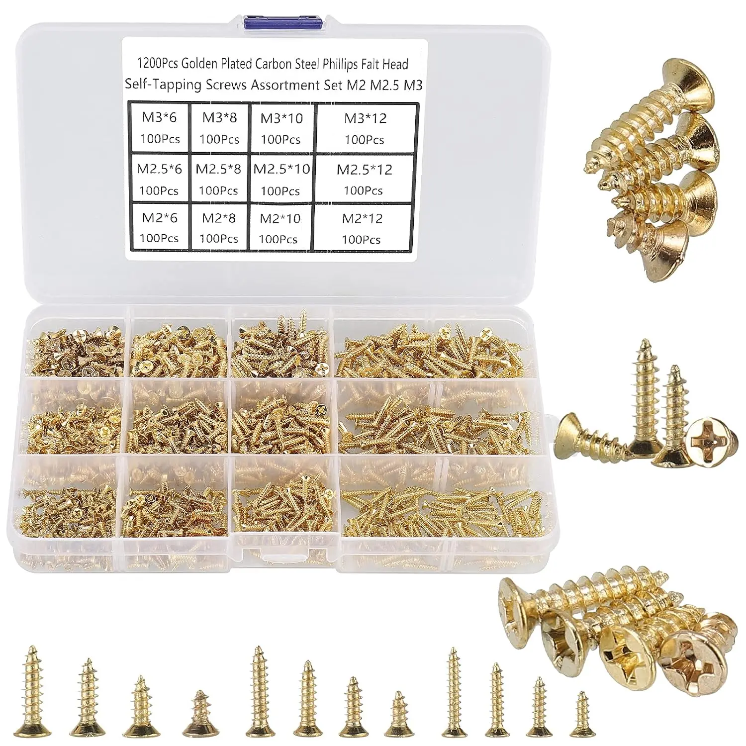 1200 count  Phillips Flat  Self Tapping Screws for , Plastic and Soft Metal. M2 M2.5 M3 Small Countersunk Tapper Screws Set for DIY  Woodworking Furniture Box. Golden,Carbon Steel