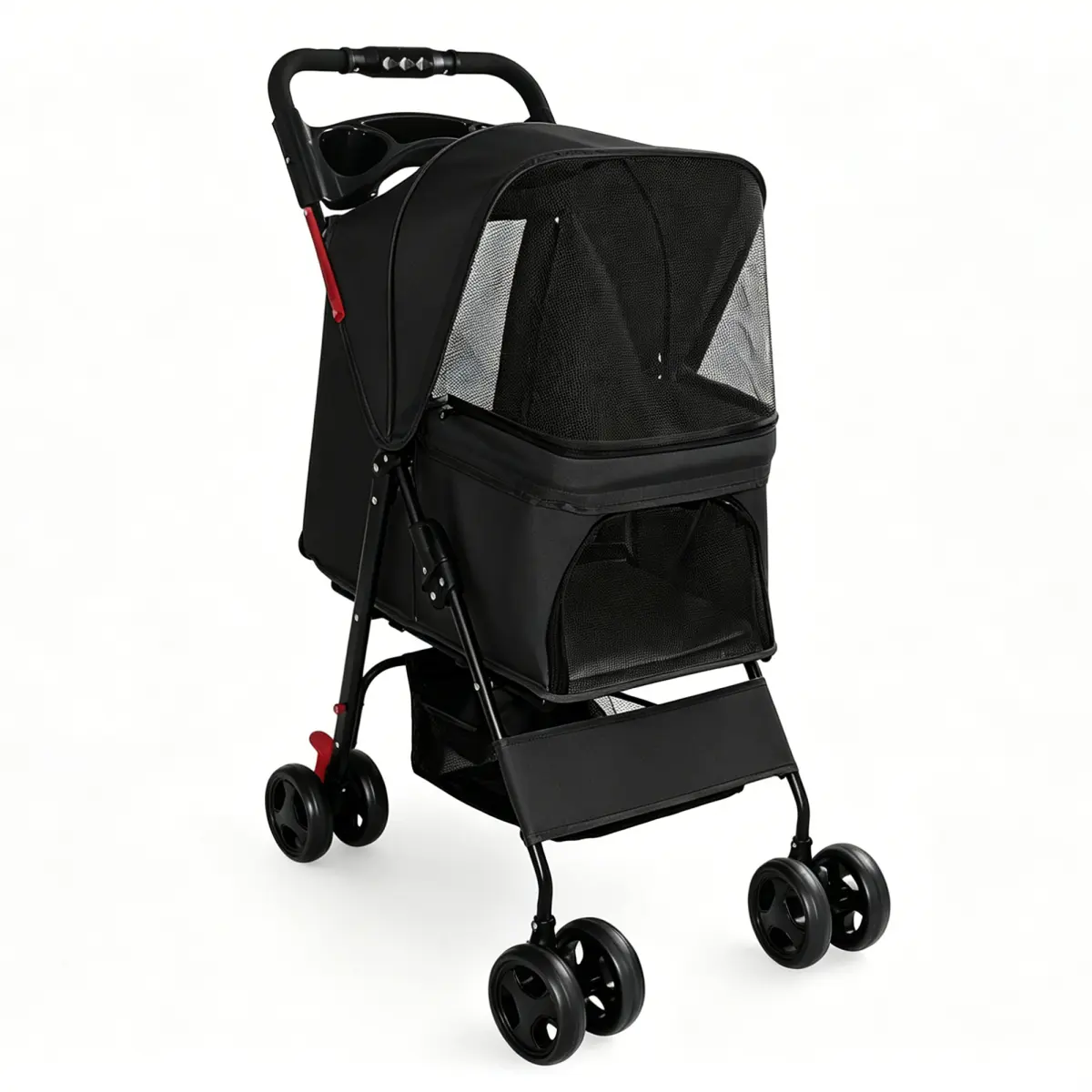 Aobtkel Foldable Pet Stroller for Small Dogs and Cats Under 28 lbs, 4-Wheel Dog Cat Stroller with One-Click Fold, 360° Swivel Front Wheels, 2 Safety Leashes, Breathable Mesh, Multi-Functional Tray, Large Storage Basket for Travel Walking Shopping, Black