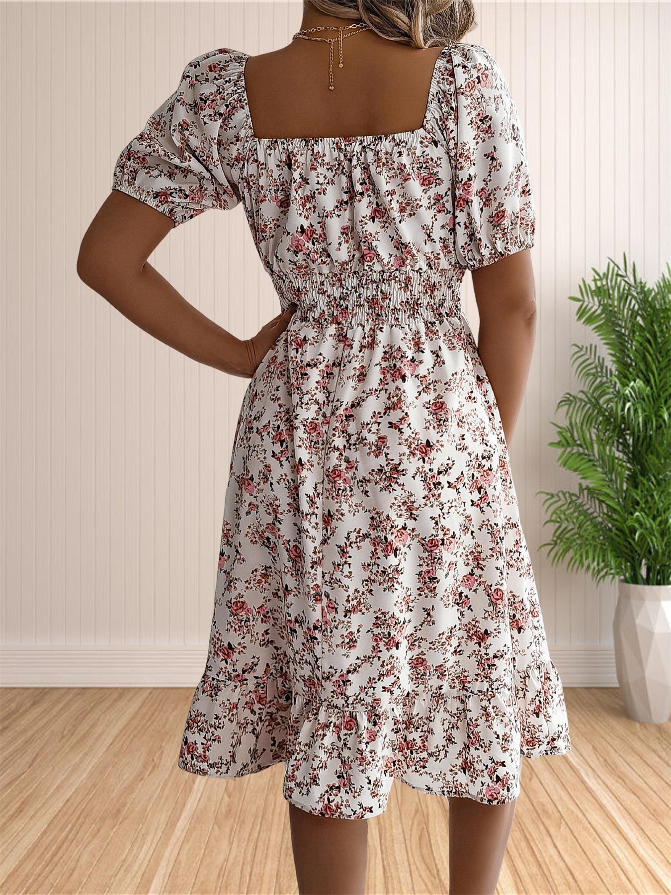 Women's Ditsy Floral Print Shirred Ruffle Hem Dress, Boho Fashion Cute Square Neck Puff Sleeve Knee Length Dress for Holiday Daily Wear, Ladies Dress for Summer