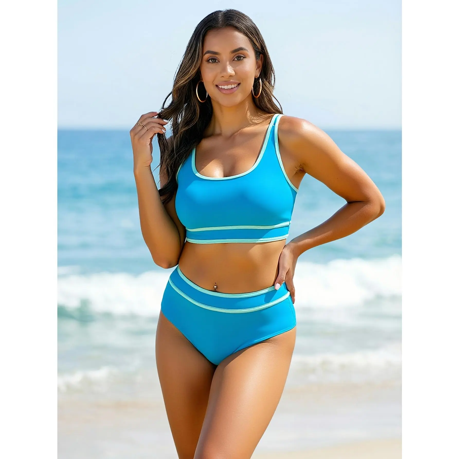 Women's New American Fashion High-Waist Color-Combination Split Bikini Set for Beach Resort (Sports & Outdoor Swimwear)