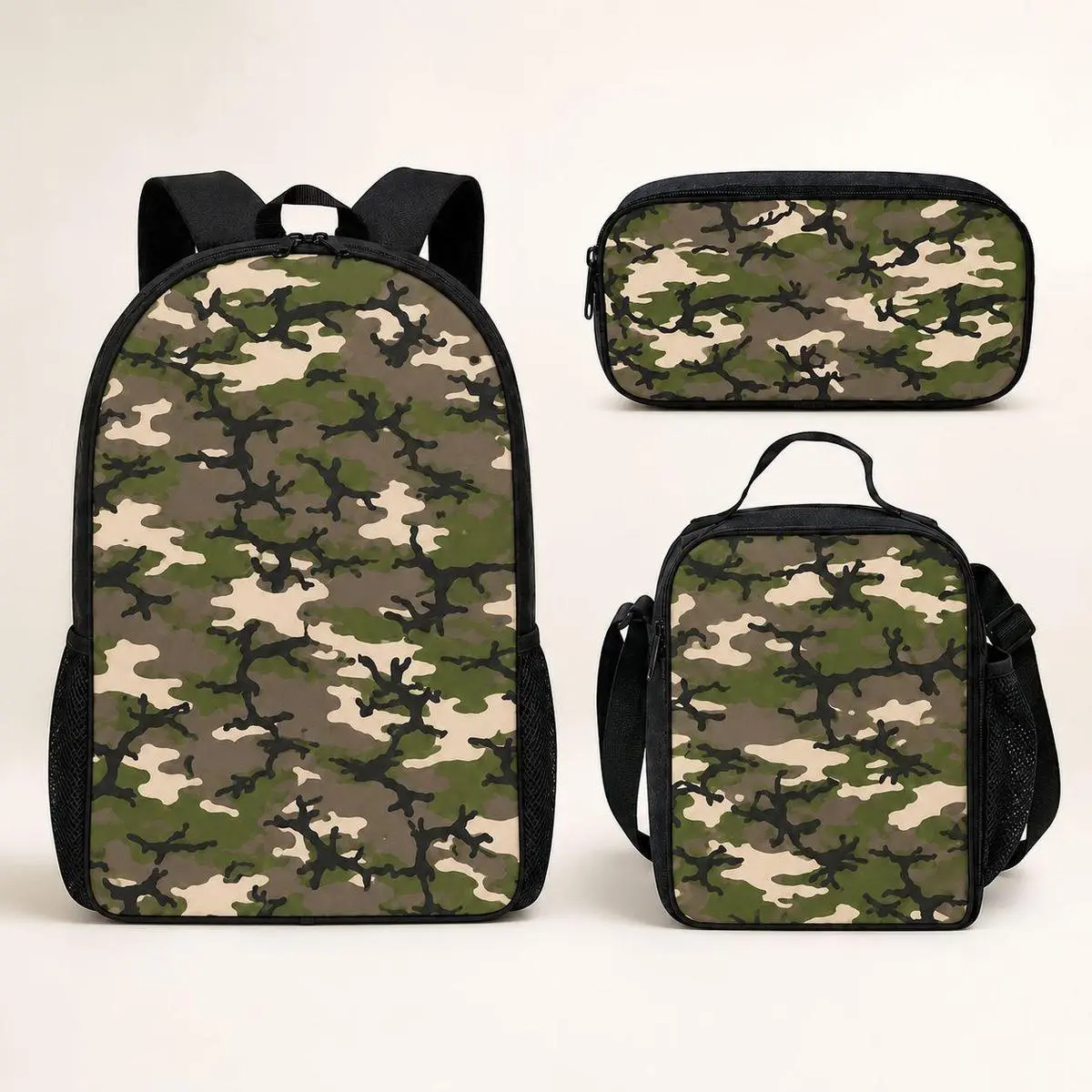 Unisex 3-Pieces Oxford Camo Backpack Set - Camouflage School Bookbag with Matching Lunch Bag & Pencil Case, Sports Daypack for Teens, Back to School Travel Gift