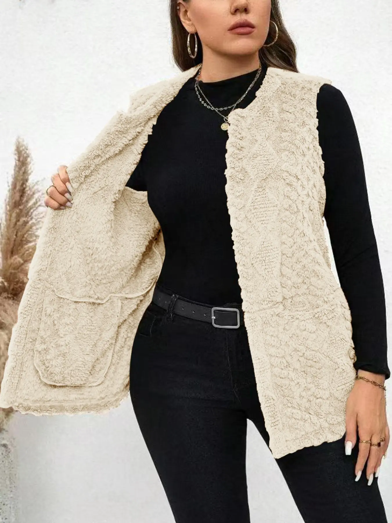 Plaid Fuzzy Sleeveless Vest Gilet, Plus Size Loose Fit Baggy with Pockets, Fall Winter Casual Warm Outerwear, Knit Top for Men Women