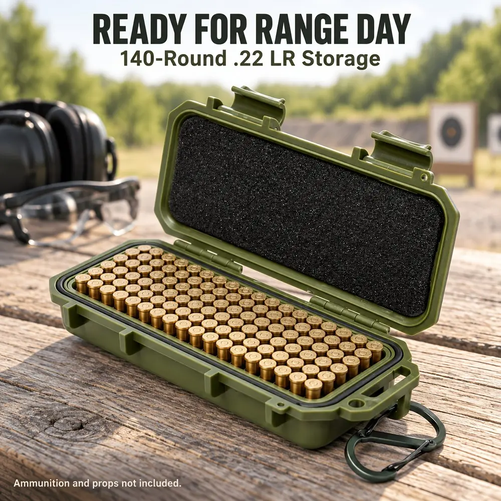 22LR Ammo Box, 140-Round Capacity, reinforced plastic storage case with silent foam padding and aluminum hook, sealed rattle-reducing lid, portable for outdoor hunting, fits in backpack or pocket