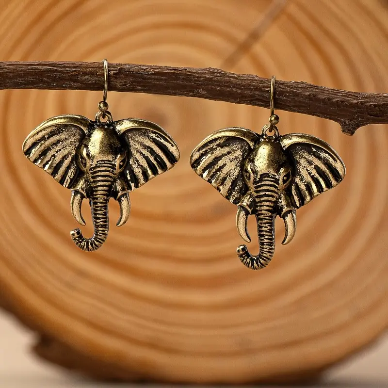 Drop Earrings for Women, Vintage Bohemian Elephant Alloy Metal with 3D Carved Face for Holiday Parties & Casual Wear, Elephant Animal, Female, Luck Charm, Pair Set, Animal Theme, Bohemian Look, Antique Finish