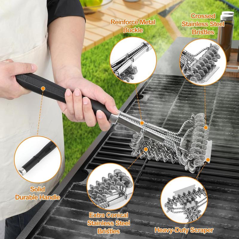 18" Bristle Free Grill Brush Barbecue Triple Scrubbers Cleaning Brush for Gas or Charcoal Grills,Compatible with Stainless Steel/Cast Iron/Porcelain Grill Grates
