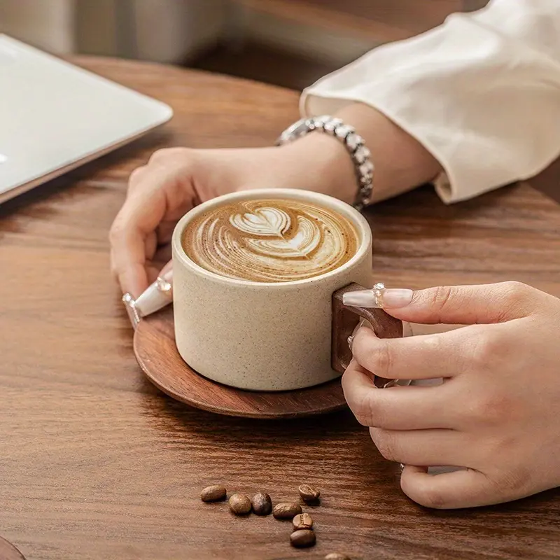 1 Set of 8.45 oz Retro Thick Ceramic Coffee Cups with Plates, featuring a classic straight design, heat-resistant handmade coffee cups, high-value wide-mouth cups, suitable for coffee art cups, suitable for families, cafes, and as gifts.