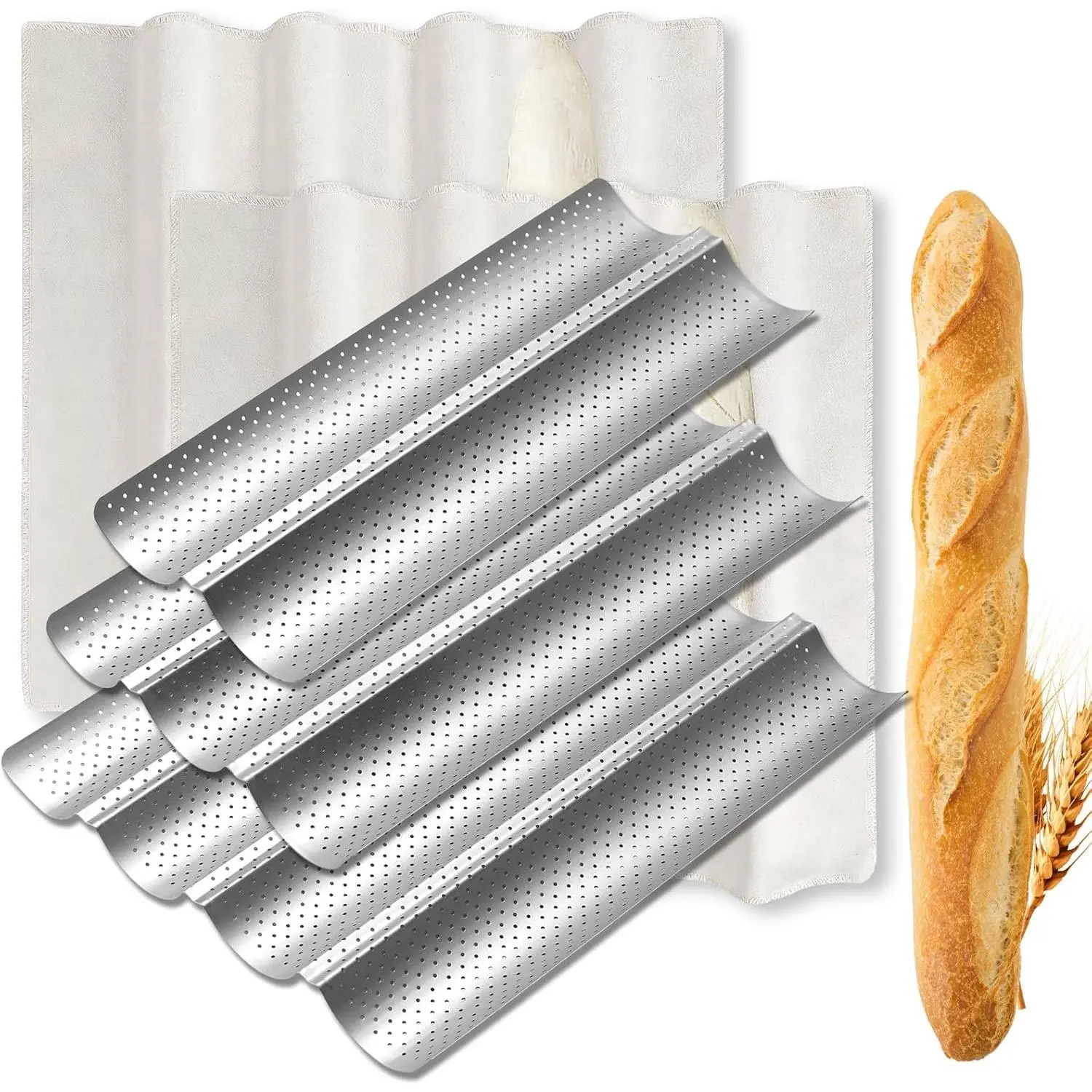 5 Pack Nonstick Baguette Bread Pan for French Bread Baking, 15 Inch Baguette Baking Tray for Sourdough, With 2 Pcs Proofing Cloth, Fits 2/3/4 Loaves, Creates Crisp Golden Brown Crust