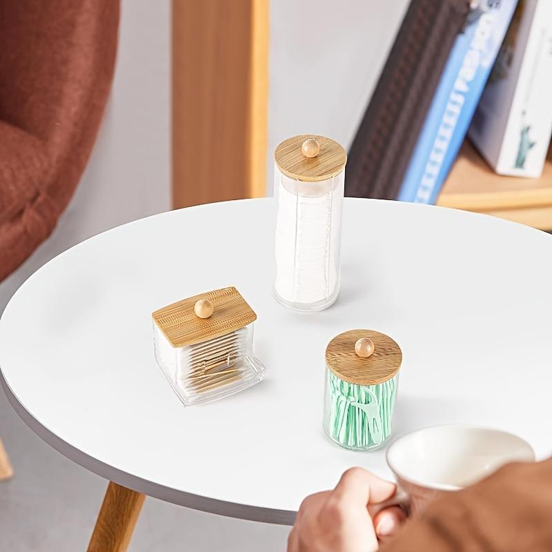 Clear Storage Jar with Wooden Lid, 3 Counts/1 Set Cotton Swab Storage Box, Bathroom Storage Container for Cotton Swab, Cotton Ball, Floss Picks